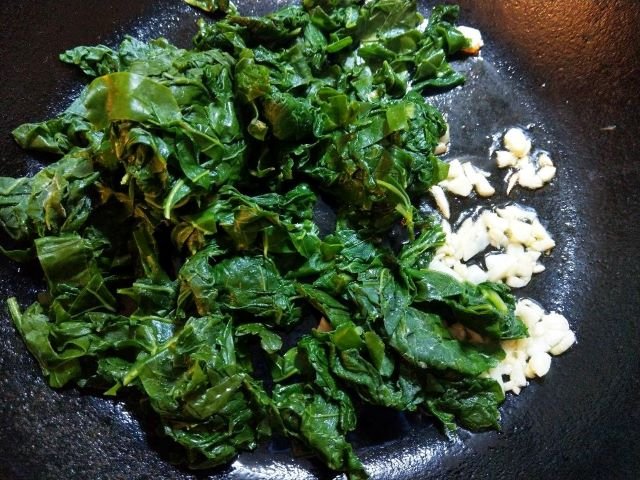 Kale and Garlic in the Pan - Brown Rice Kale Beet Feta Salad Recipe