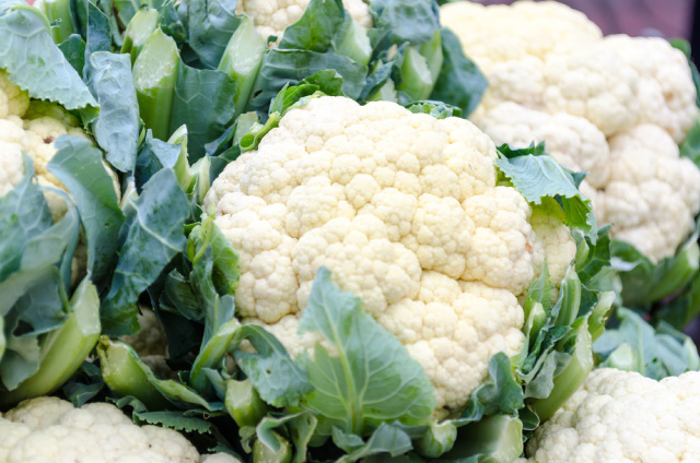 Freshly harvested cauliflowers in the market